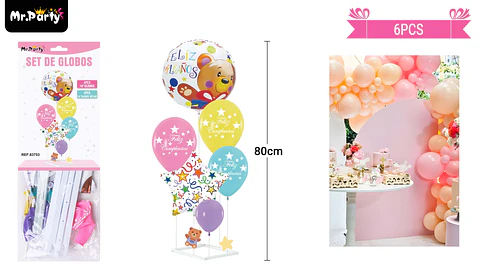 Set de globos con base multicolor con oso 6pcs