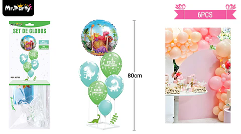 Set de globos con base dinosaurio 6pcs