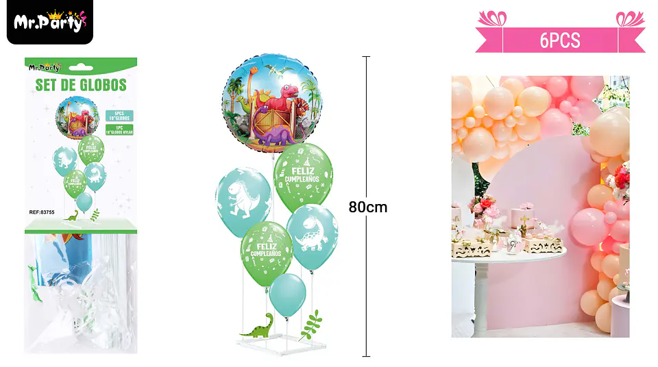 Set de globos con base dinosaurio 6pcs 1