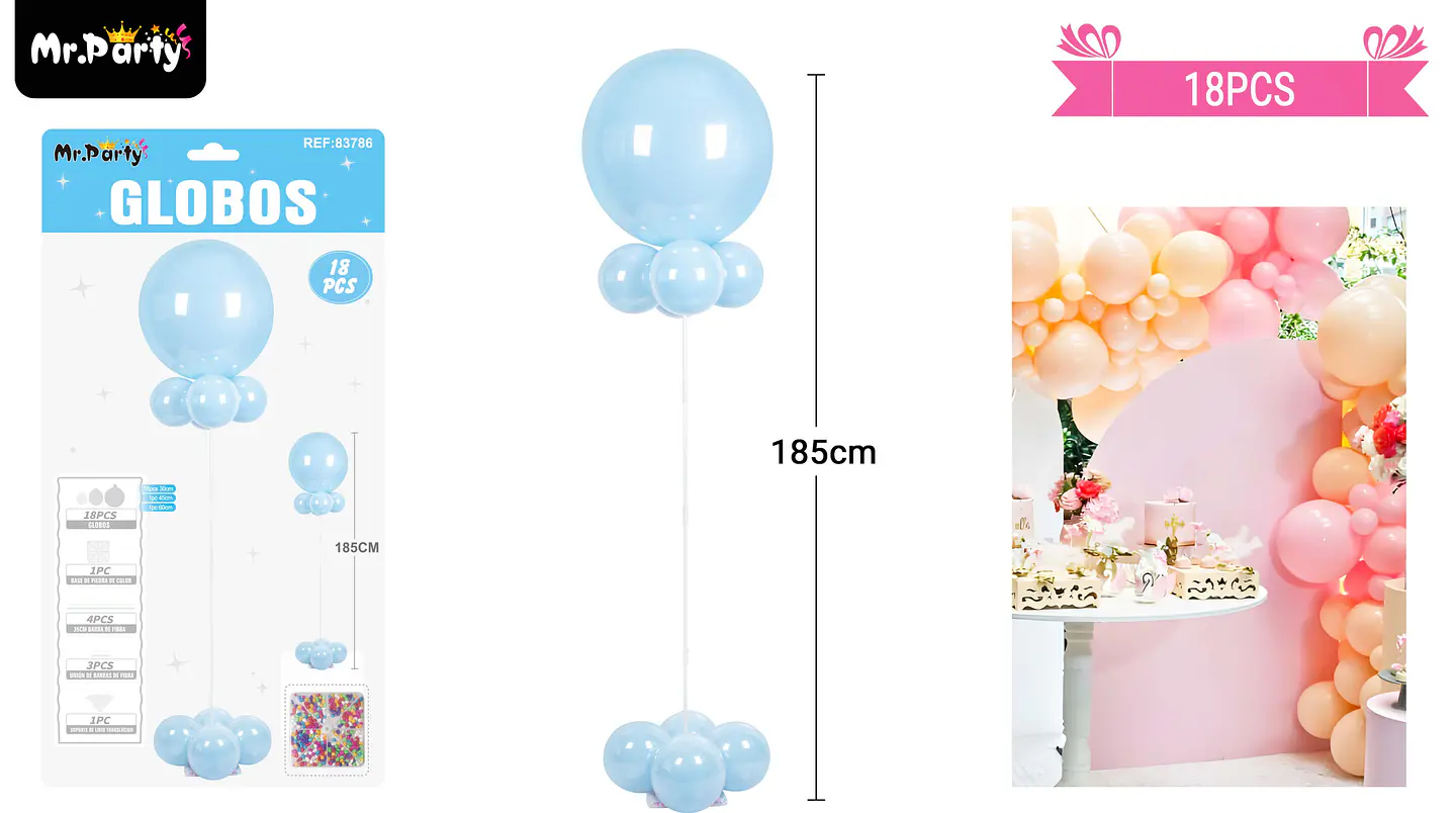 Set de globos con base celeste 185cm 18pcs 1