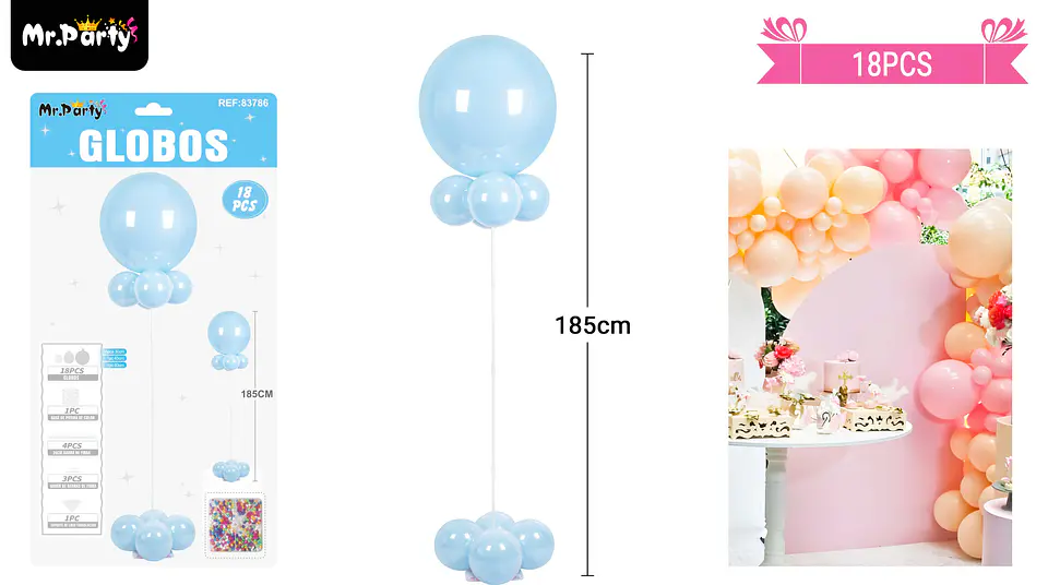 Set de globos con base celeste 185cm 18pcs 1