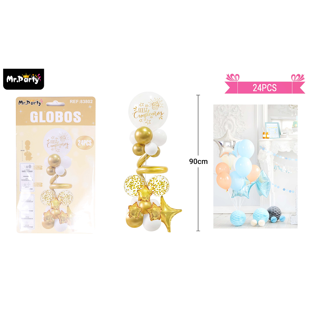 Set de globos con base dorado y blanco 90cm 24pcs