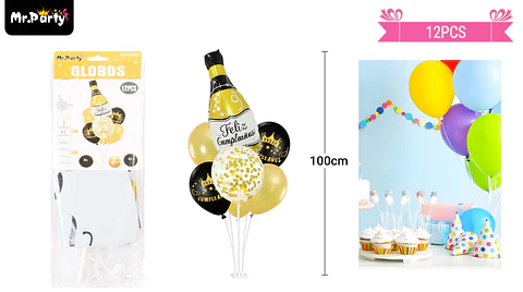 Set de globos con base dorado con botella de champagne 12pcs