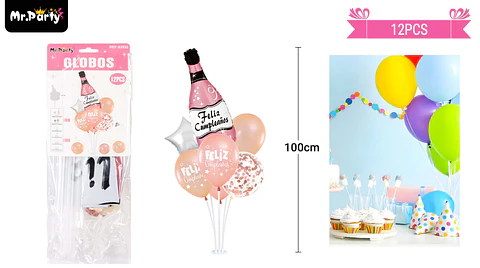 Set de globos con base dorado rosa con champagne 12pcs