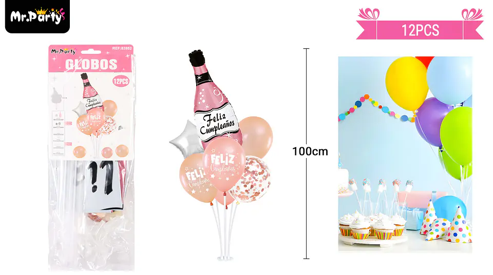 Set de globos con base dorado rosa con champagne 12pcs 1