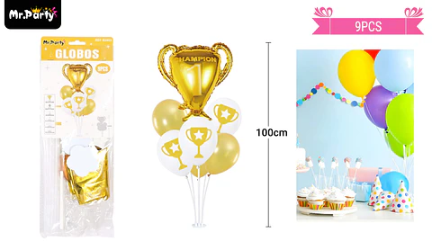 Set de globos con base dorado con trofeo 9pcs