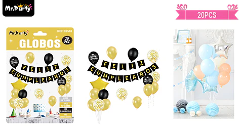 Set de globos látex y guirnalda negro y dorado 20pcs