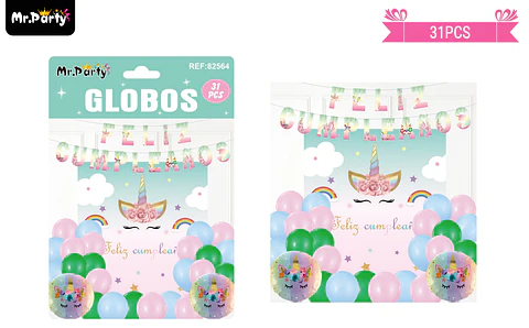 Set de globos látex y guirnalda de unicornio 31pcs