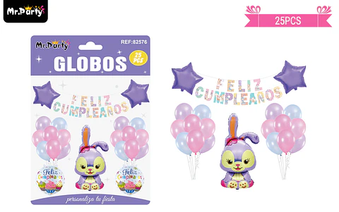 Set de globos látex y guirnalda de conejo 25pcs