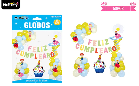 Set de globos látex y guirnalda de torta 60pcs