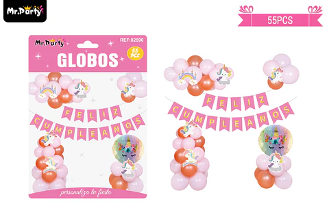 Set de globos látex y guirnalda de unicornio 55pcs