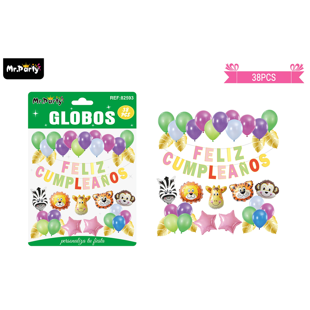 Set de globos látex y guirnalda con animal 38pcs