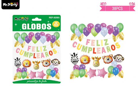 Set de globos látex y guirnalda de animal 38pcs