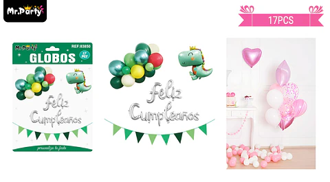 Set de globos látex y guirnalda de dinosaurio 17pcs