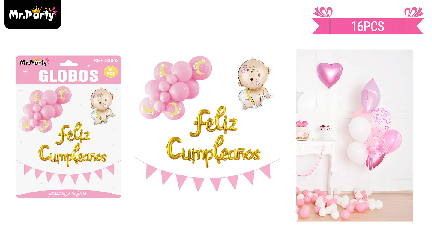 Set de globos látex y guirnalda rosado con niña 16pcs 1