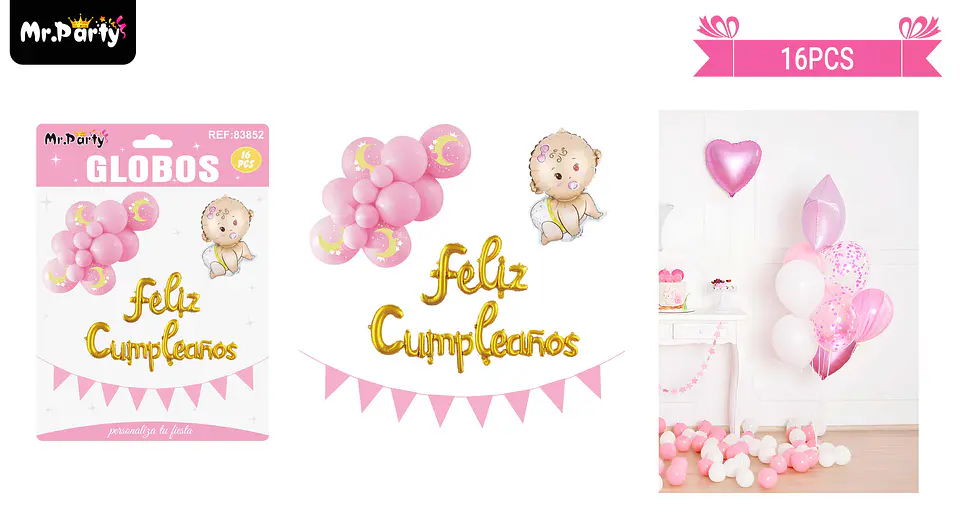 Set de globos látex y guirnalda rosado con niña 16pcs 1