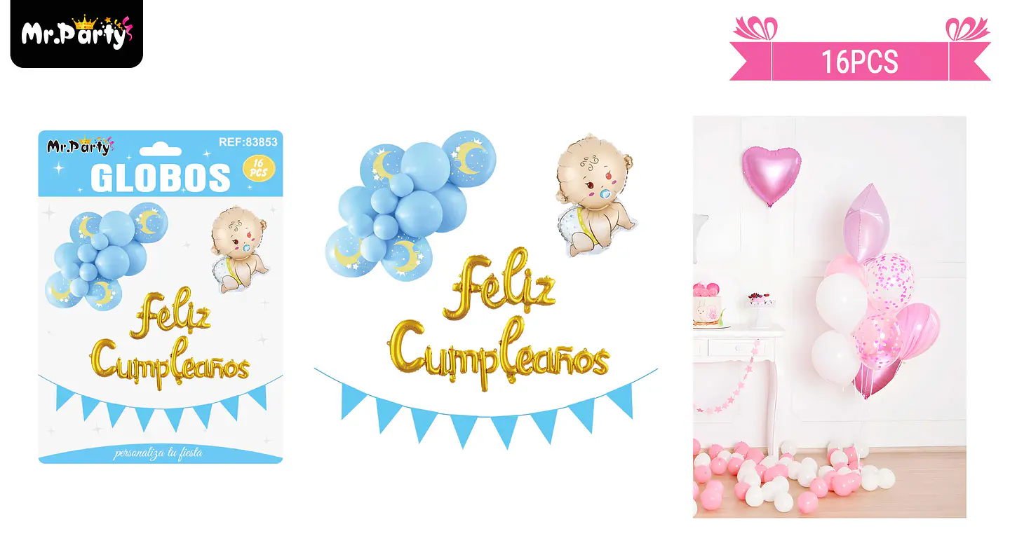 Set de globos látex y guirnalda azul con niño 16pcs 1