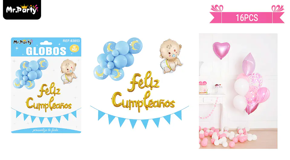 Set de globos látex y guirnalda azul con niño 16pcs 1