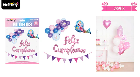 Set de globos látex y guirnalda de sirena 23pcs