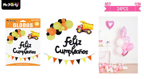 Set de globos látex y guirnalda con carro de construcción 24pcs
