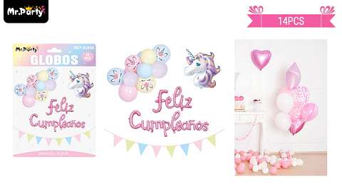 Set de globos látex y guirnalda con unicornio 14pcs