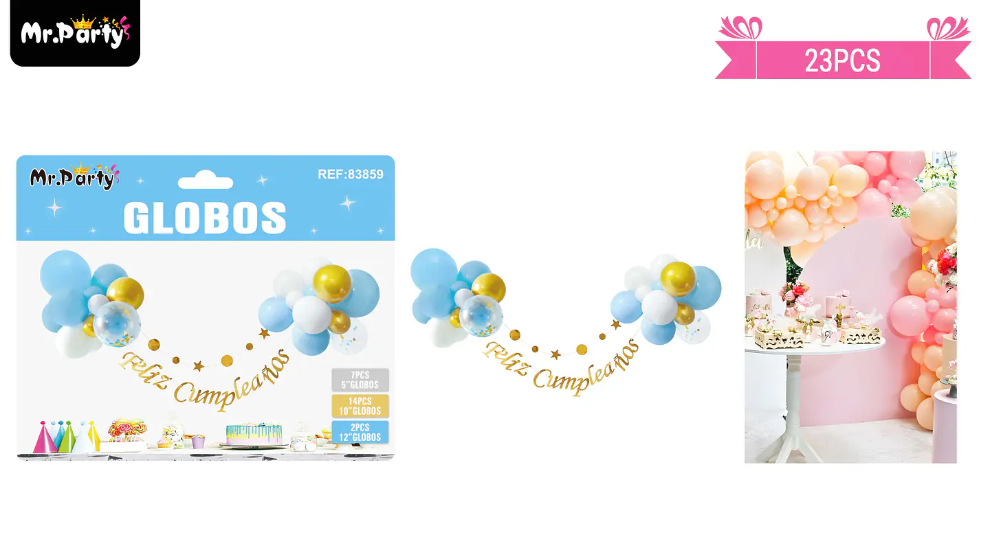 Set de globos látex y guirnalda celeste y dorado 23pcs 1