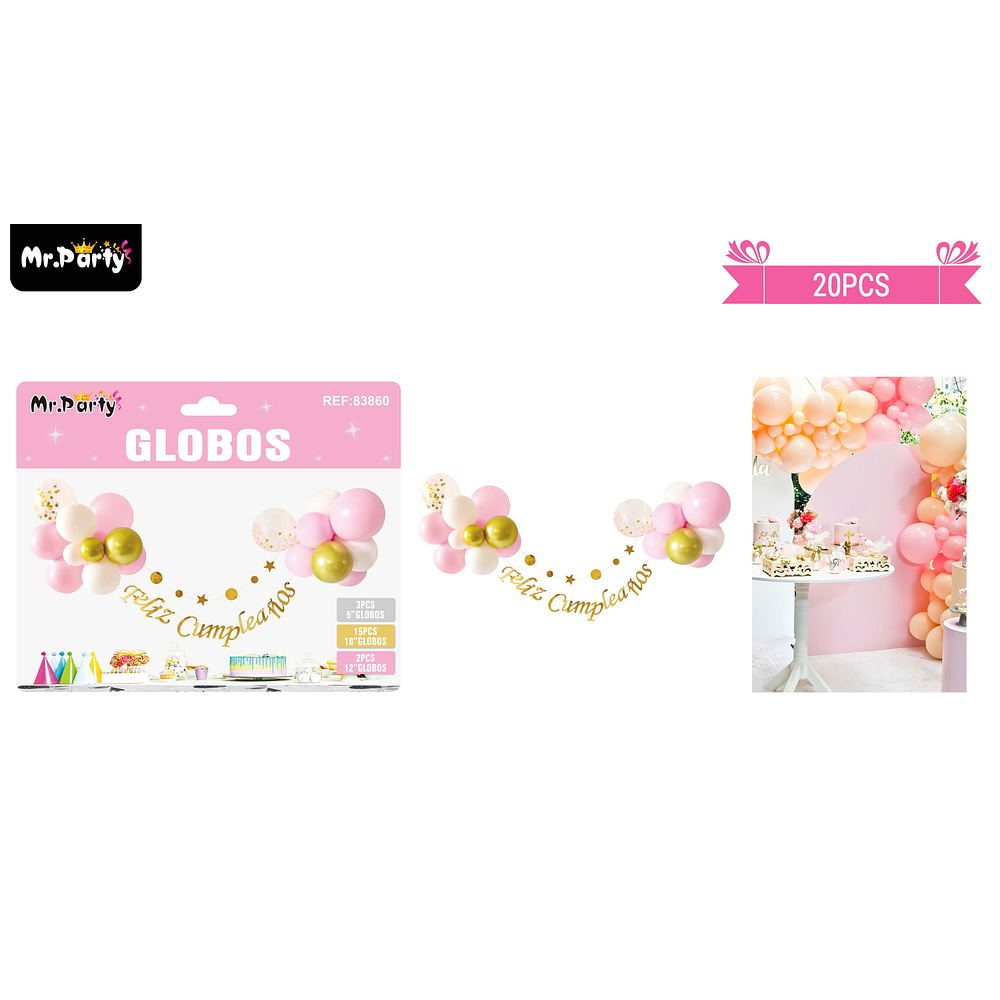 Set de globos látex y guirnalda rosado y dorado 20pcs