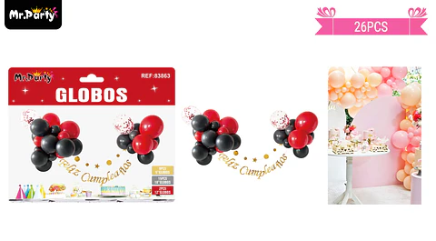 Set de globos látex y guirnalda negro y rojo 26pcs