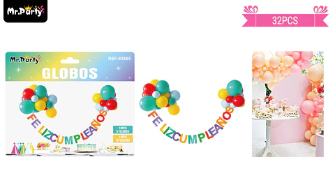 Set de globos látex y guirnalda multicolor 32pcs