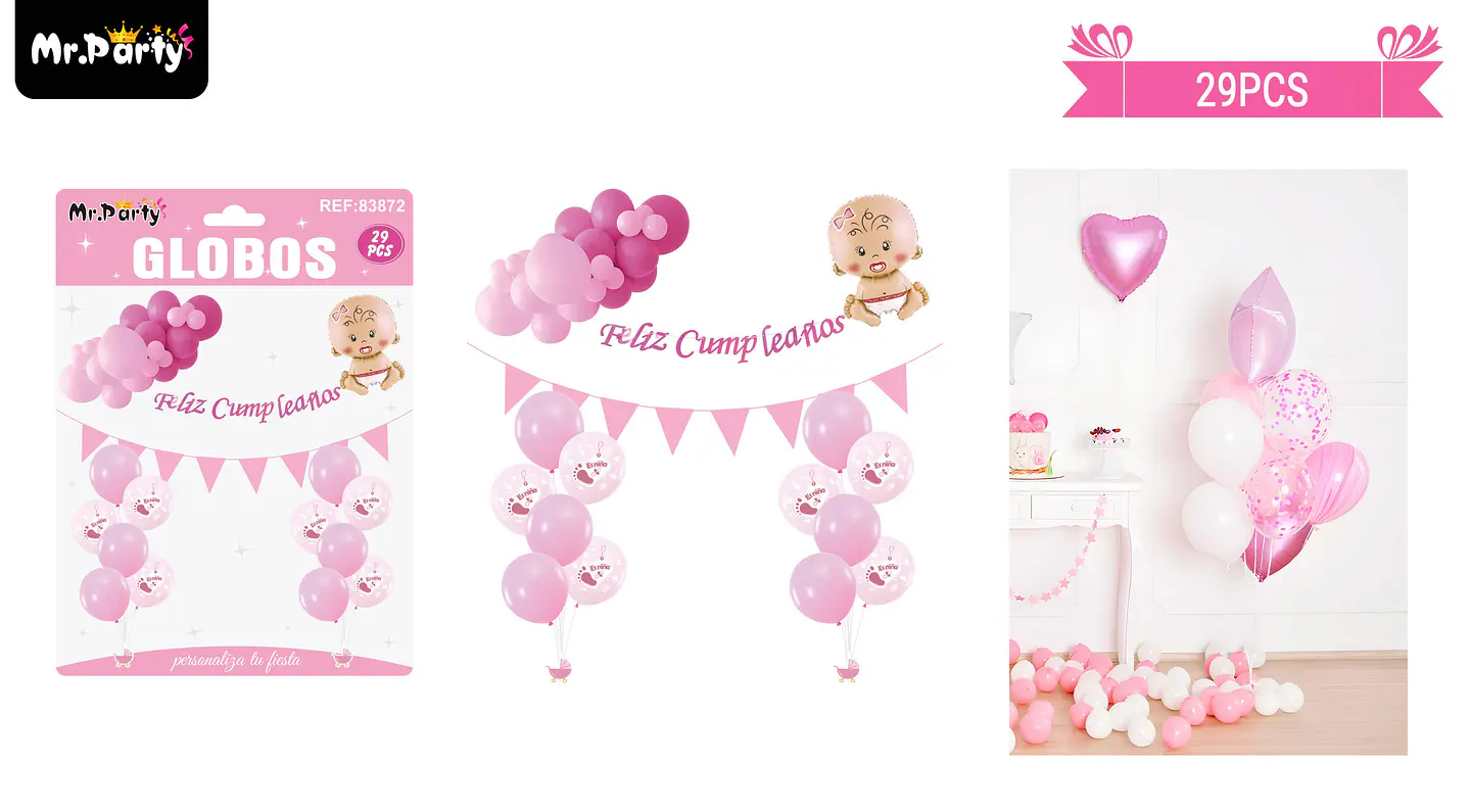 Set de globos látex baby shower rosado 29pcs 1