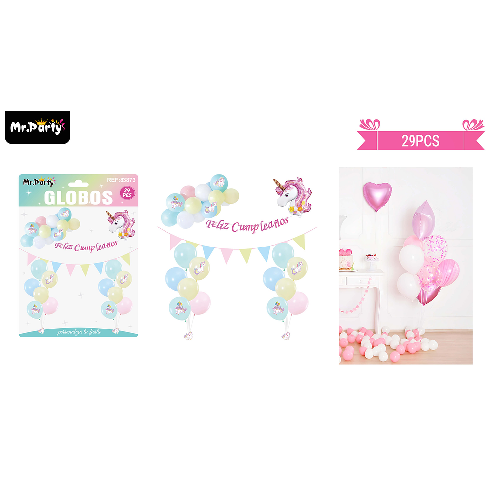 Set de globos látex con unicornio 29pcs