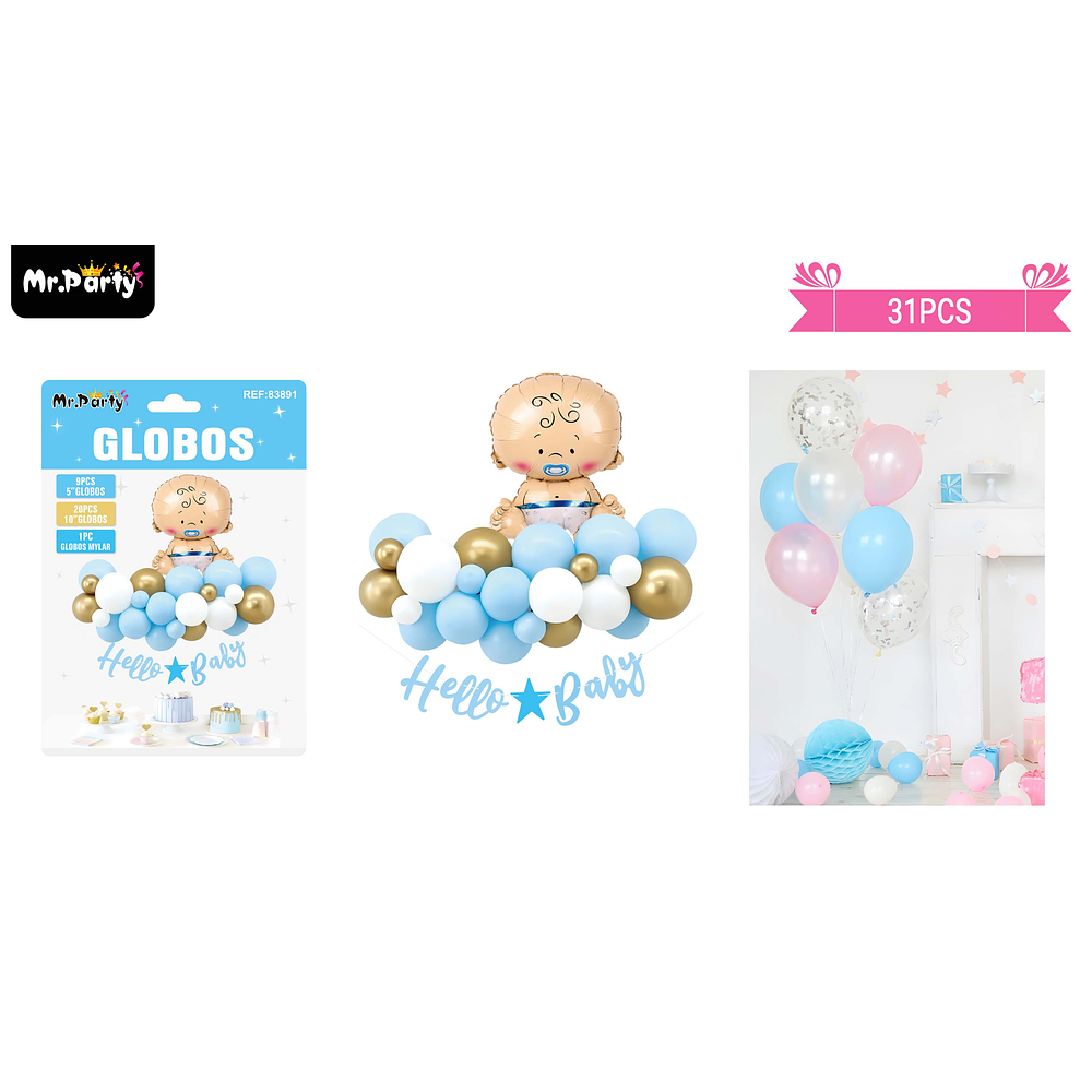 Set de globos látex baby shower azul 31pcs