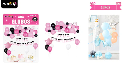 Set de globos látex rosado y negro 55pcs