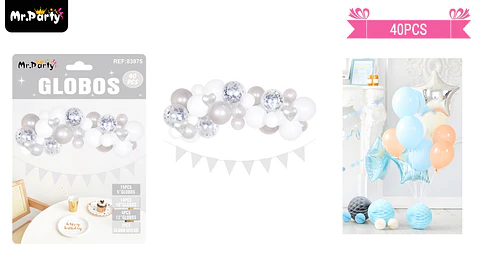 Set de globos látex blanco y plateado 40pcs