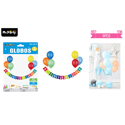 Set de globos látex y guirnalda bienvenidos multicolor 9pcs