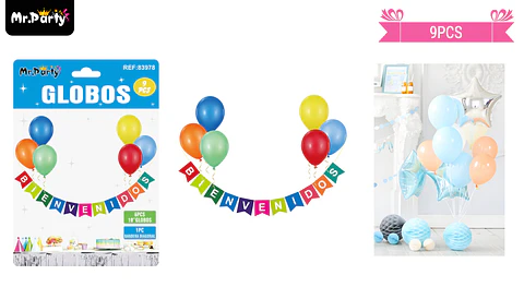Set de globos látex y guirnalda bienvenidos multicolor 9pcs