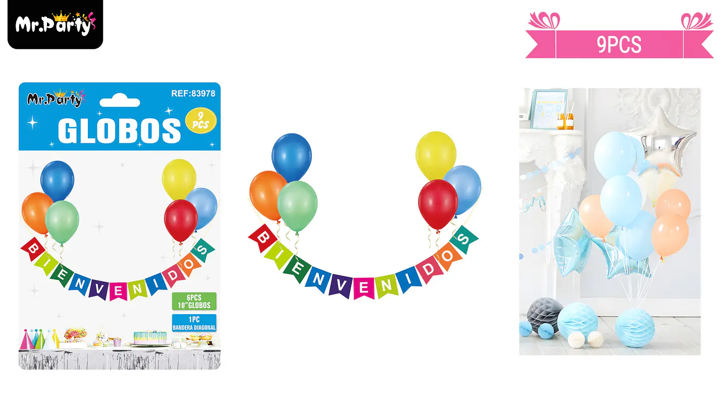 Set de globos látex y guirnalda bienvenidos multicolor 9pcs 1