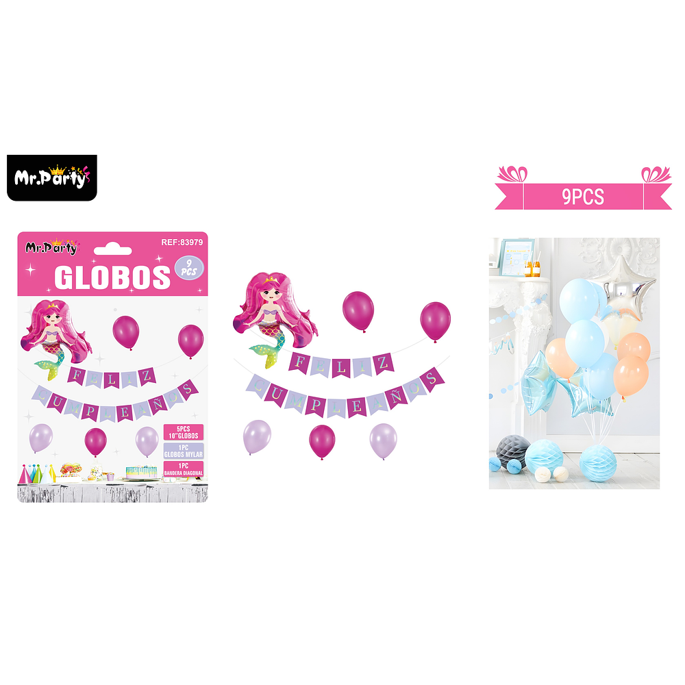 Set de globos látex y guirnalda sirena 9pcs