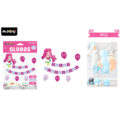 Set de globos látex y guirnalda sirena 9pcs