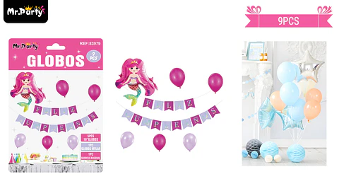 Set de globos látex y guirnalda sirena 9pcs