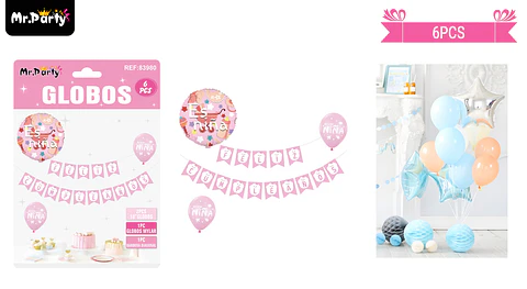 Set de globos látex y guirnalda rosado es niña 60pcs