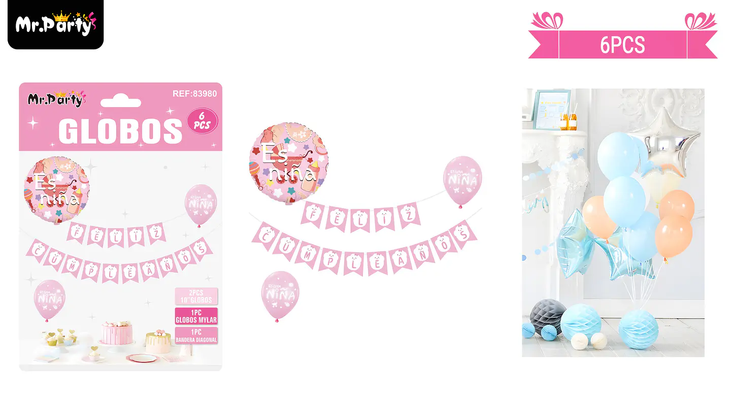 Set de globos látex y guirnalda rosado es niña 60pcs 1