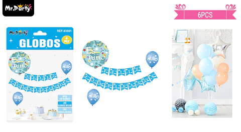 Set de globos látex y guirnalda azul es niño 60pcs