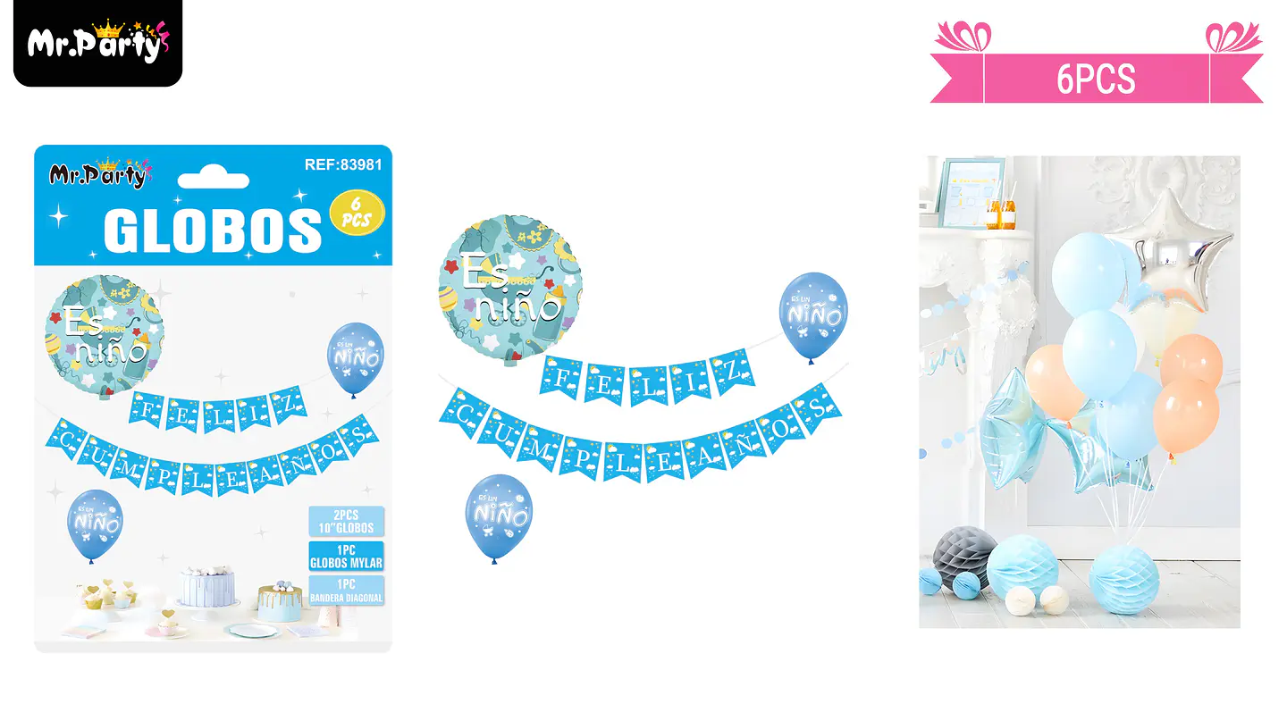 Set de globos látex y guirnalda azul es niño 60pcs 1
