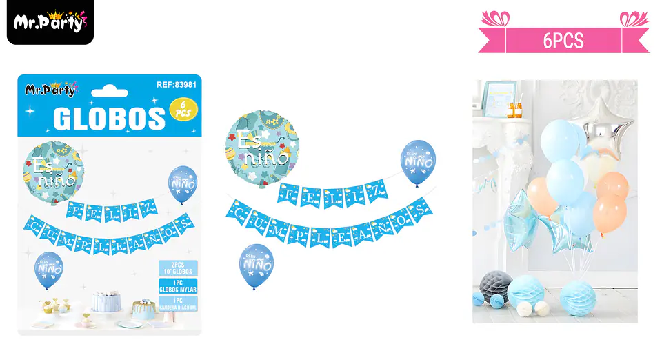 Set de globos látex y guirnalda azul es niño 60pcs 1