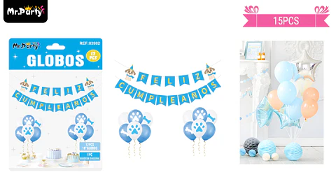 Set de globos látex y guirnalda con perro azul 13pcs
