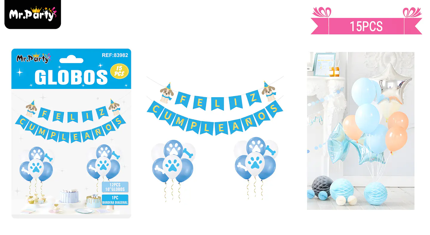 Set de globos látex y guirnalda con perro azul 13pcs 1