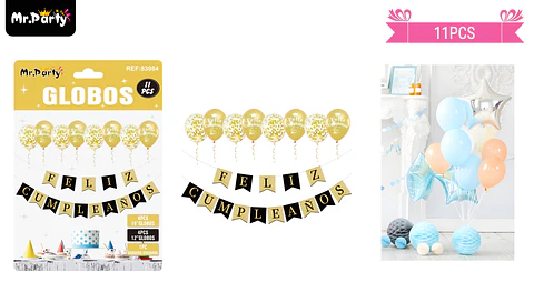 Set de globos látex y guirnalda dorado y negro 11pcs