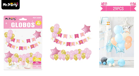 Set de globos látex y guirnalda rosado 29pcs