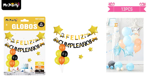 Set de globos látex y guirnalda con excavadora 13pcs